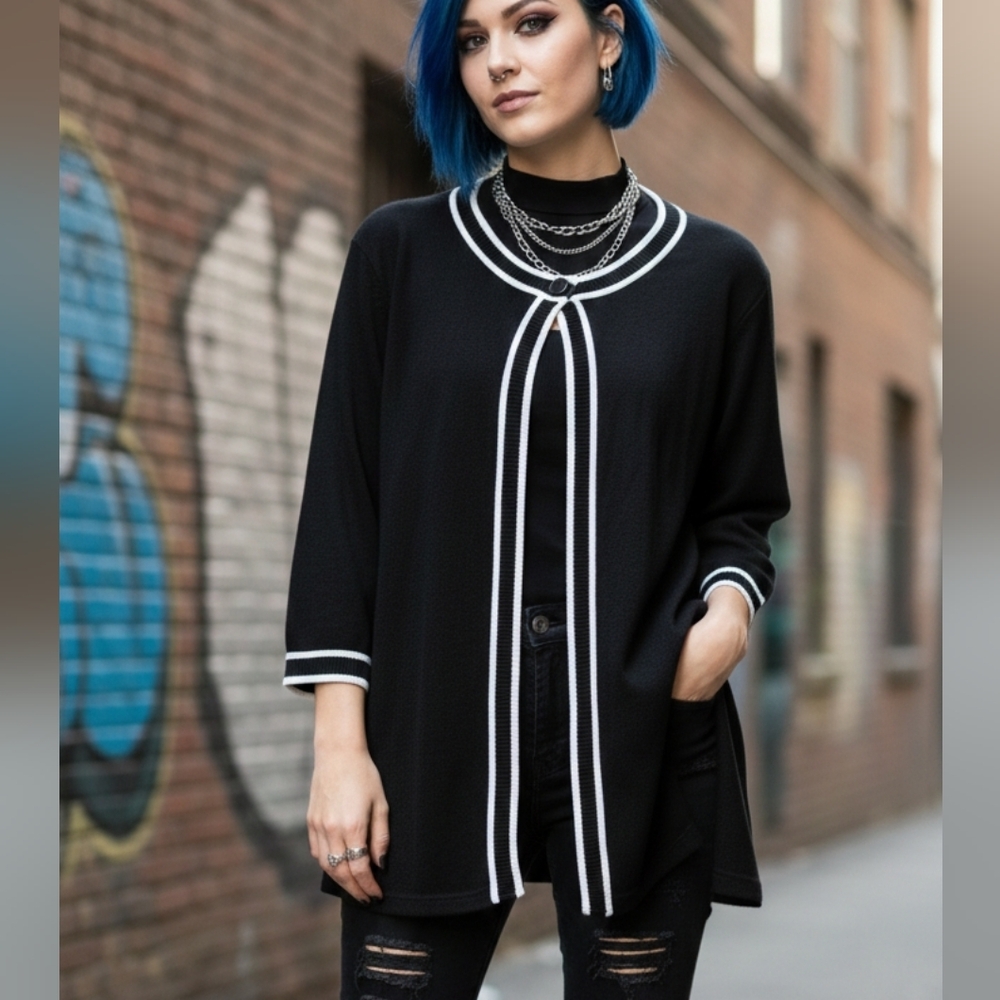 Chic Black Open-Front Cardigan with White Trim